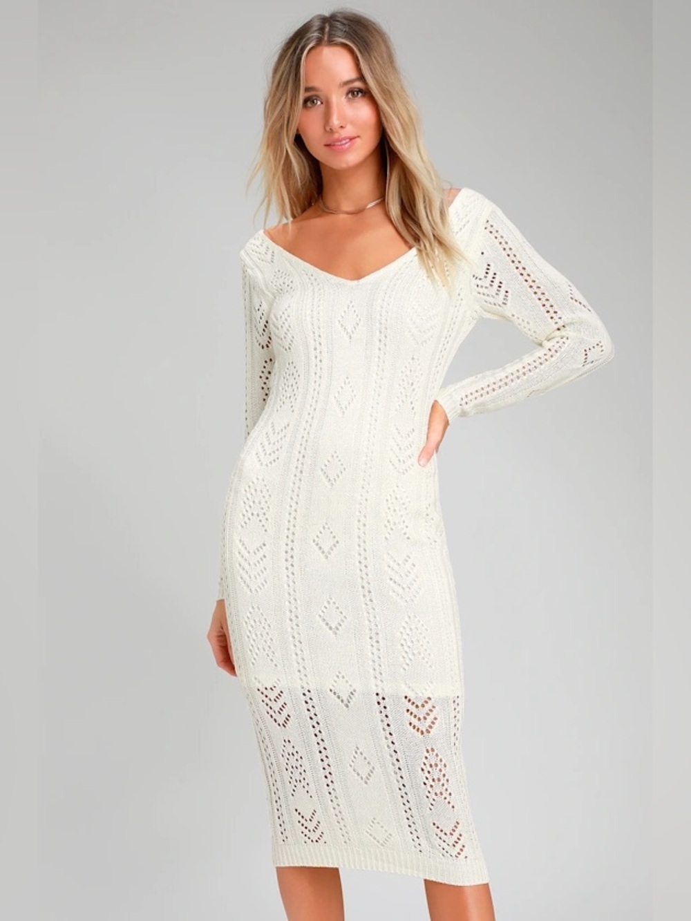 Lulus Pointelle Me A Secret Cream Knit Midi Dress